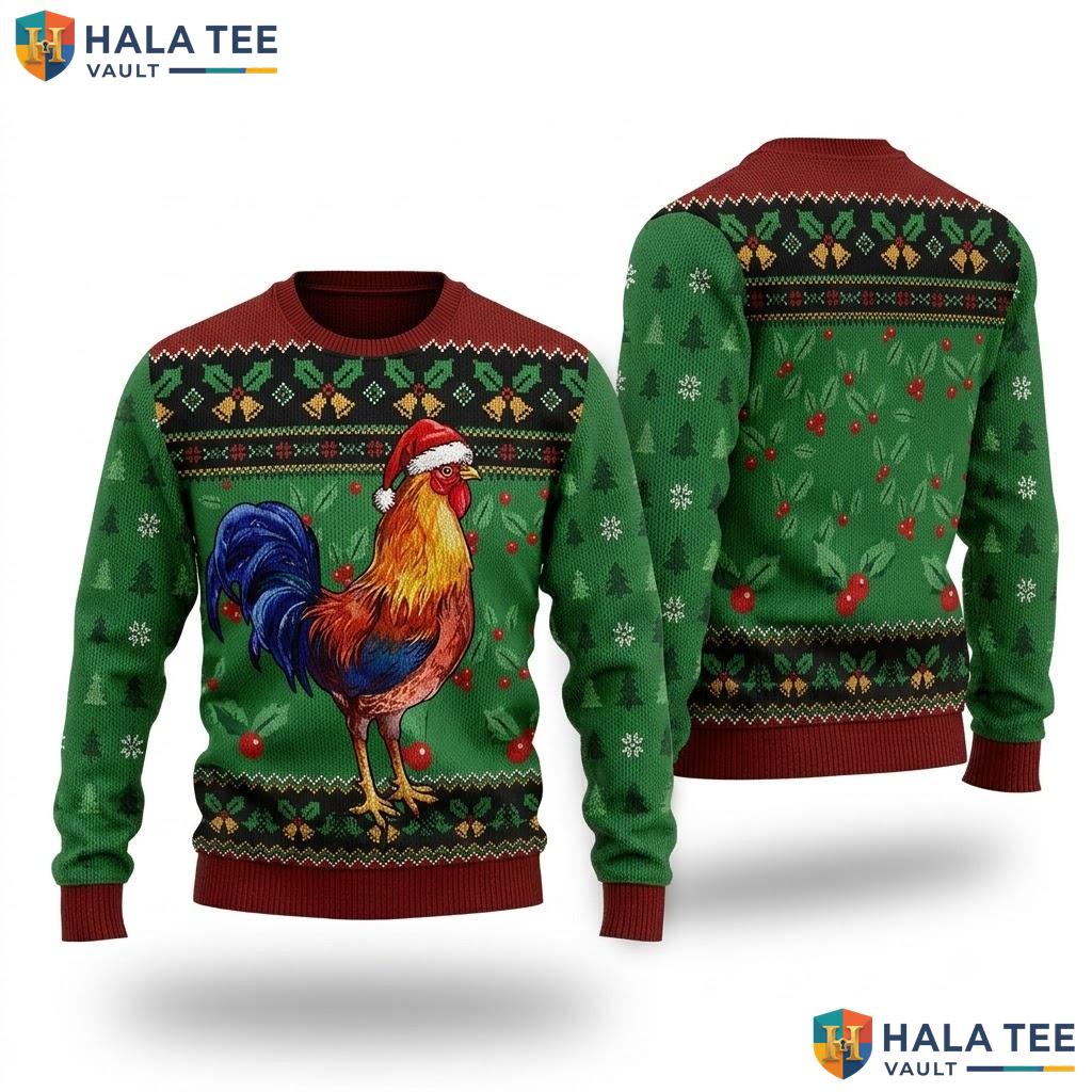 Rooster Santa Hat Ugly Xmas Sweater Funny Quirky Christmas Graphic Top