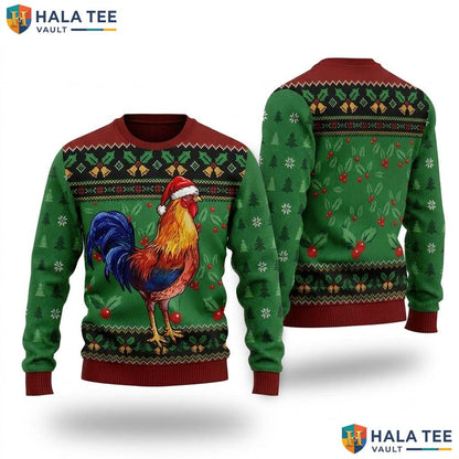 Rooster Santa Hat Ugly Xmas Sweater Funny Quirky Christmas Graphic Top