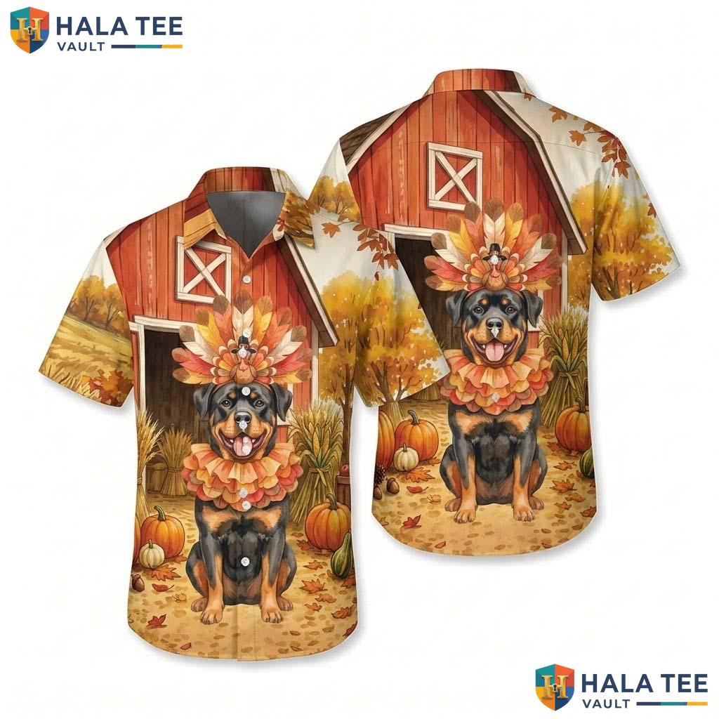 Rottweiler Costume Thanksgiving Hawaiian Shirt Dog Turkey Fall Scene