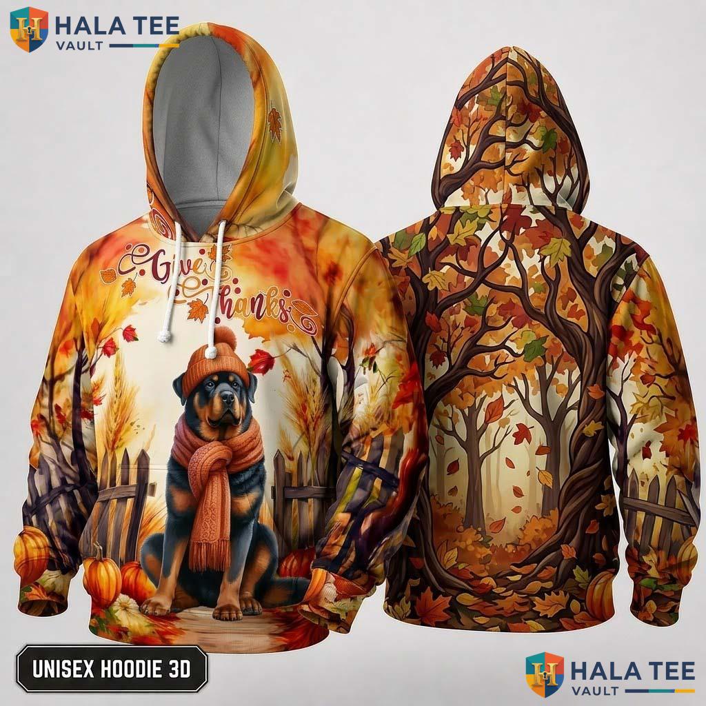 Rottweiler Pumpkins Leaves Thanksgiving 3D Hoodie Give Thanks Fall