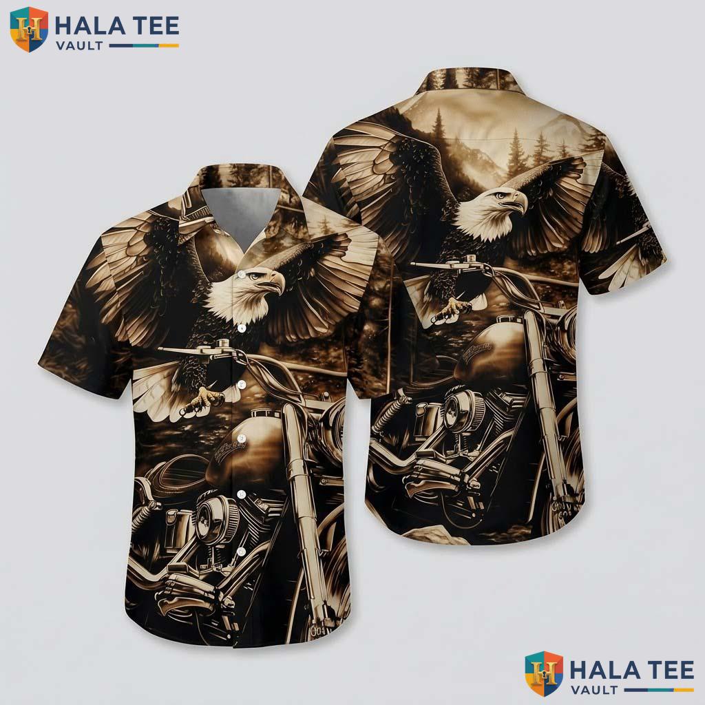 Rugged Eagle Motorcycle Hawaiian Shirt Novelty Printed Short Sleeve Button Up