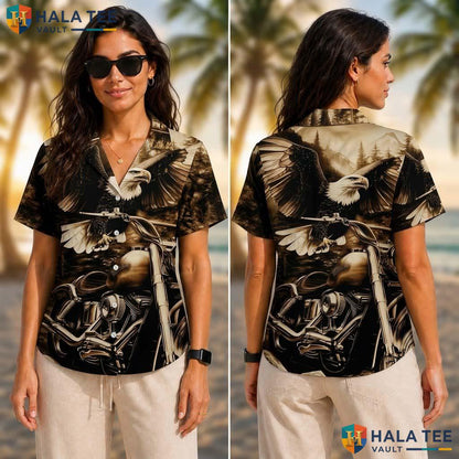 Rugged Eagle Motorcycle Tropical Shirt Novelty Printed Short Sleeve Button Up