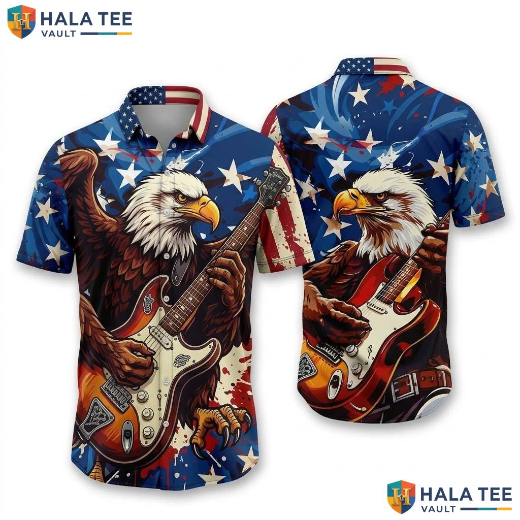Rugged Eagle Rock Music Hawaiian Shirt Funny Electric Guitar Print Button Up
