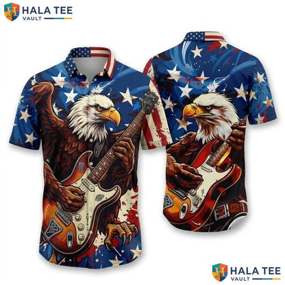 Rugged Eagle Rock Music Hawaiian Shirt Funny Electric Guitar Print Button Up