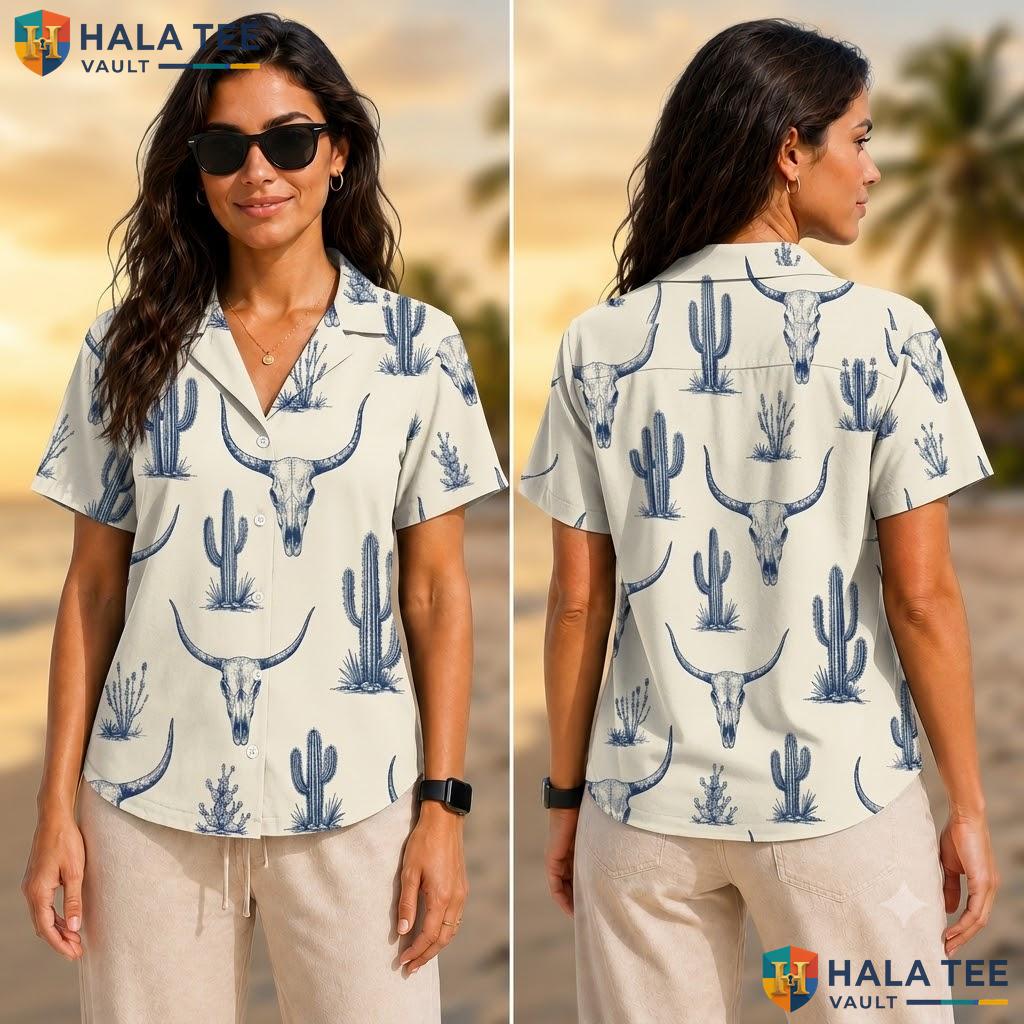 Rugged Longhorn Cattle Hawaiian Shirt Casual Summer Outdoor Button Down Adult