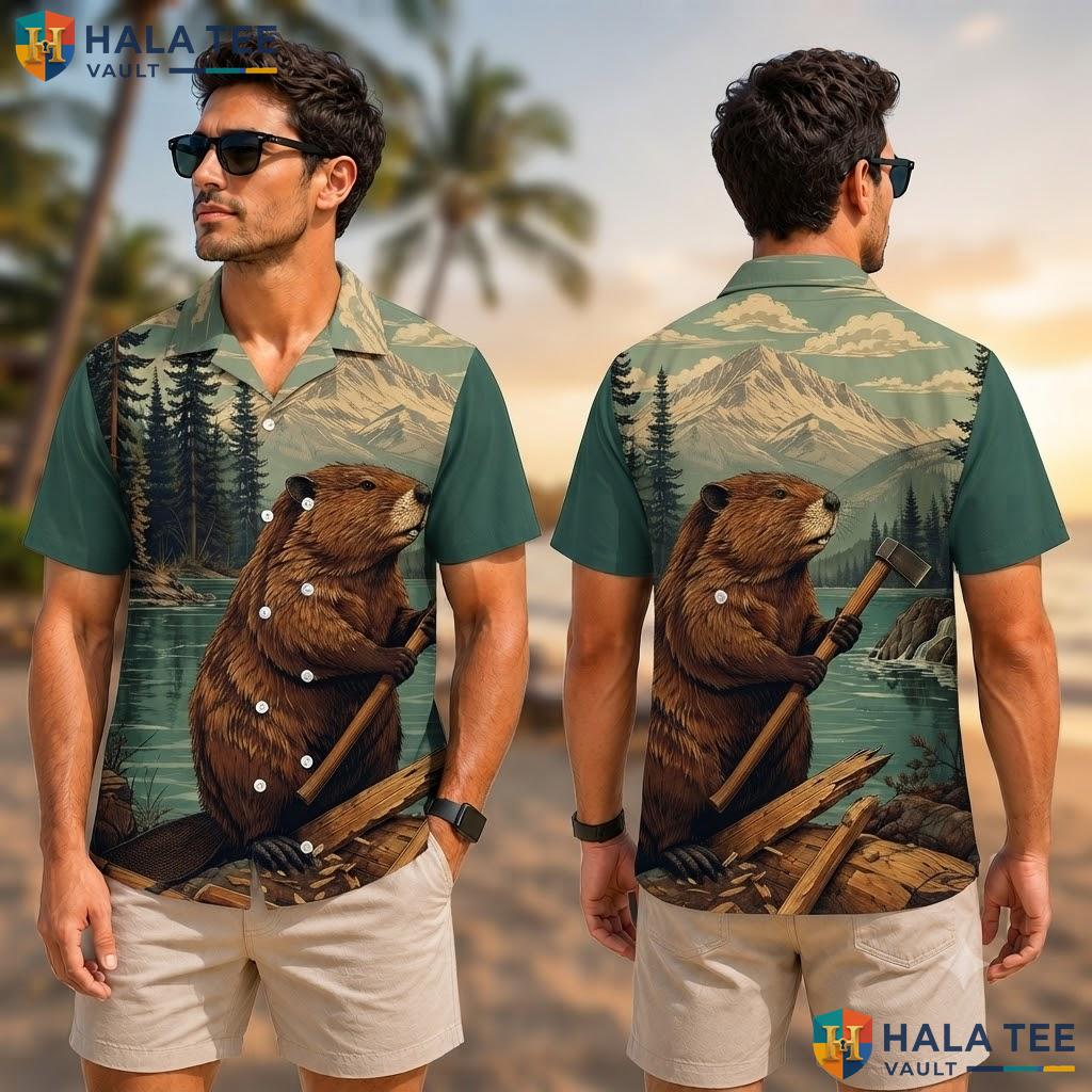 Rustic Beaver Adventure Hawaiian Shirt Mens Funny Tropical Button Down Adult