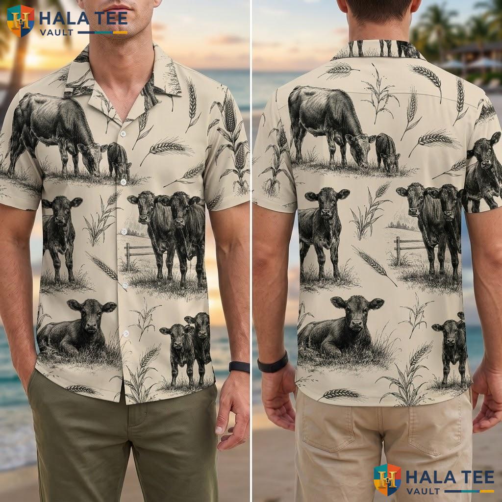 Rustic Cow Vintage Hawaiian Shirt Pastoral Cows Wheat Summer Button Down Top Adult