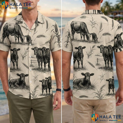 Rustic Cow Vintage Hawaiian Shirt Pastoral Cows Wheat Summer Button Down Top Adult