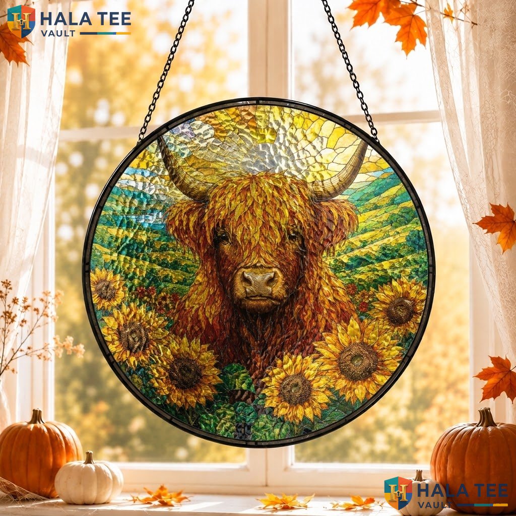 Rustic Highland Cow Halloween Stained Glass Suncatcher Autumn Sunflower Accent