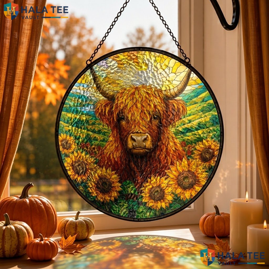 Rustic Highland Cow Halloween Stained Glass Suncatcher Autumn Sunflower Accent Adult