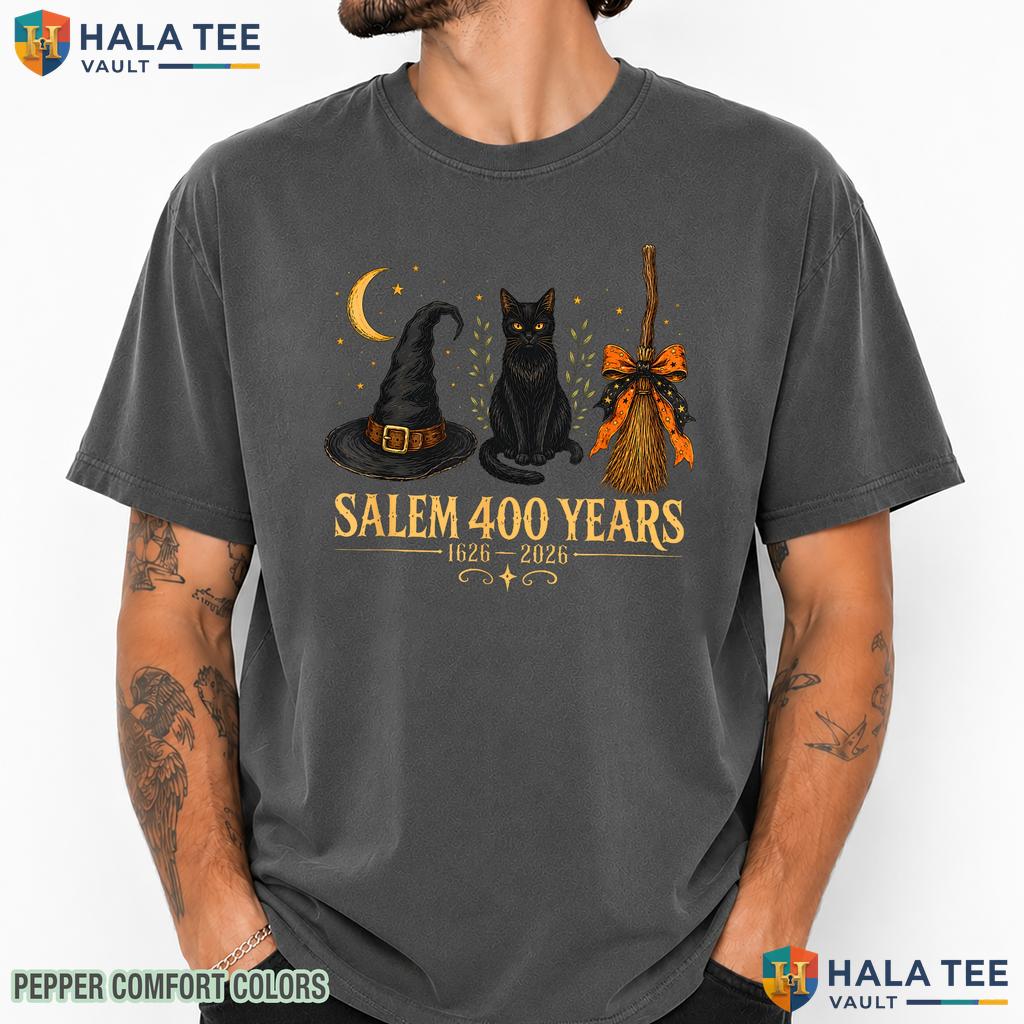 Salem Anniversary Witch Hat Comfort Colors T-Shirt Cat Broom Halloween