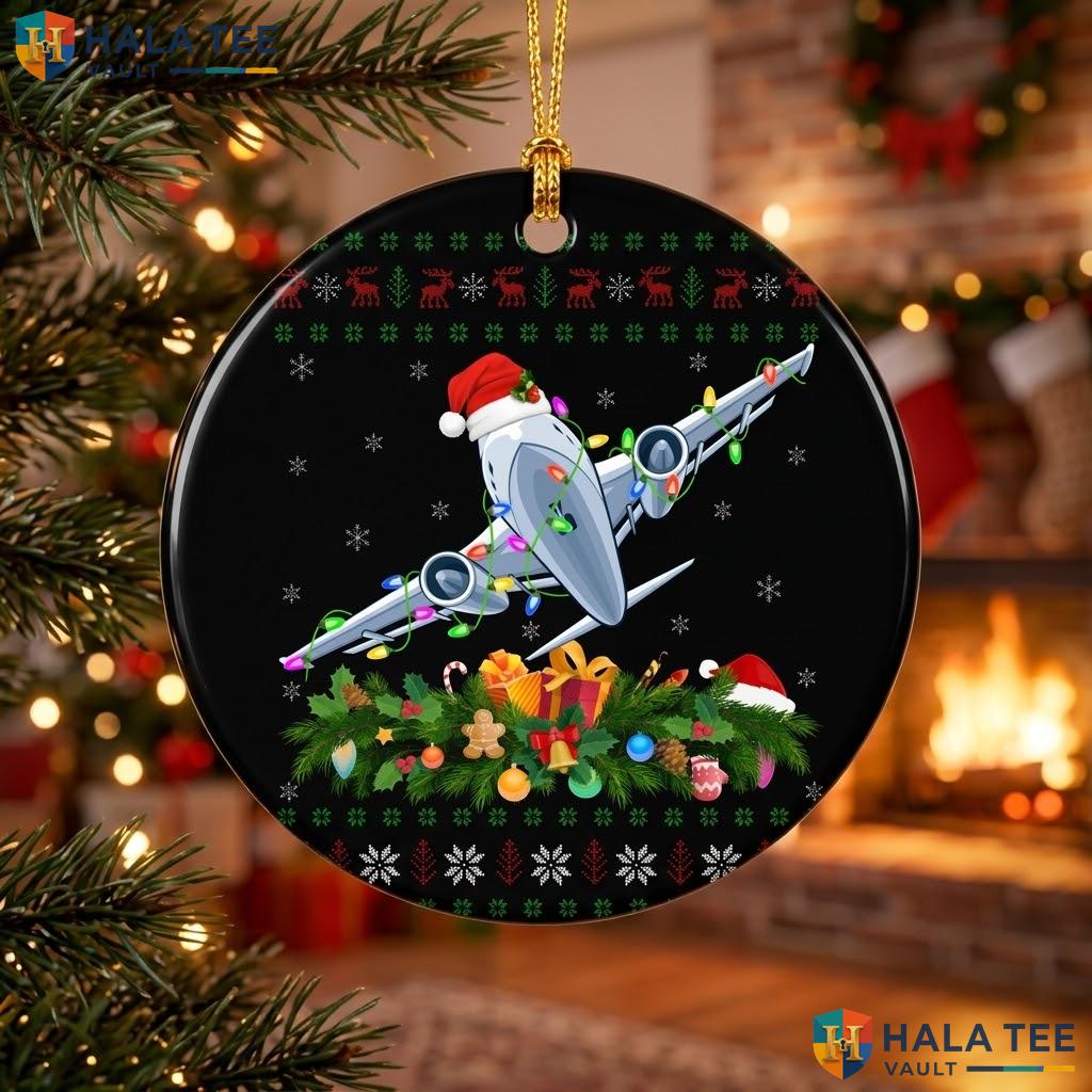 Santa Airplane Flight Christmas Ornament Graphic Lights Holiday Decor