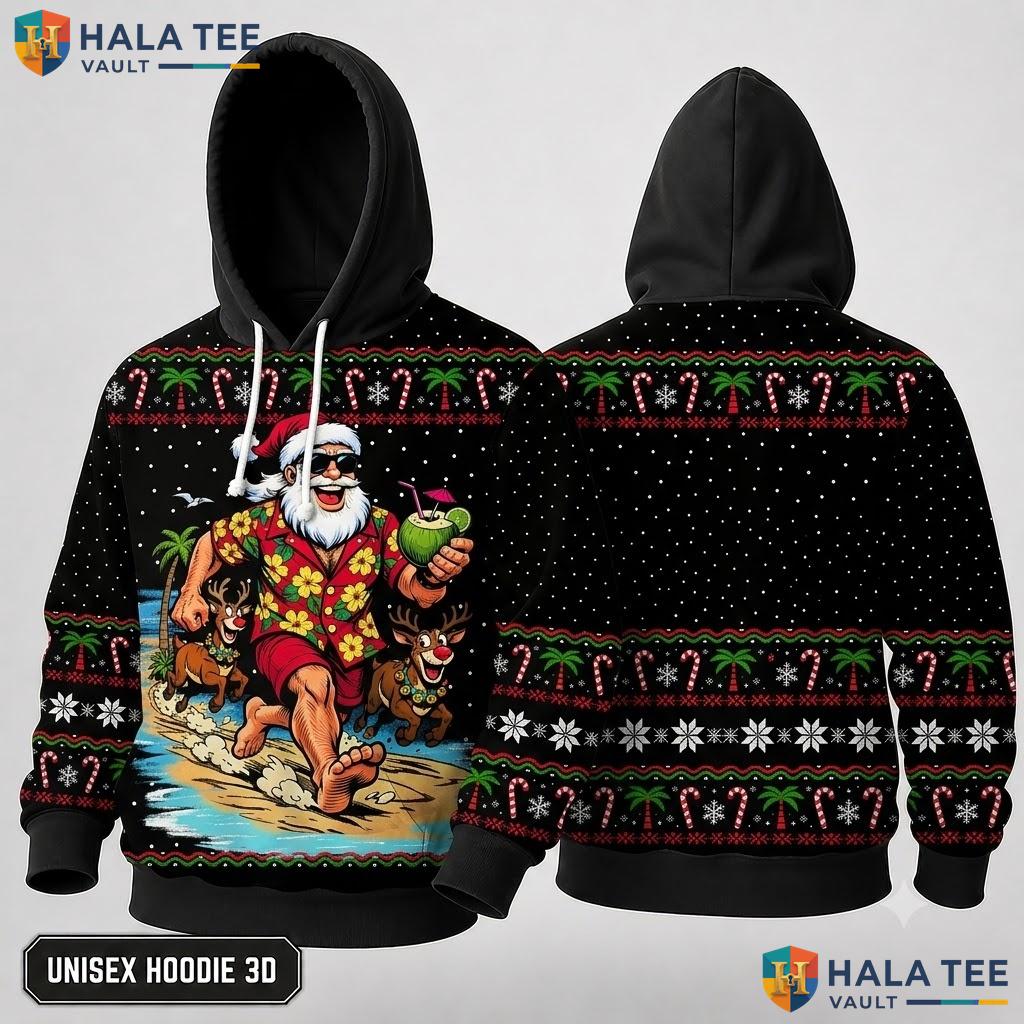 Santa Beach Dogs Vibrant Christmas 3D Hoodie Playful Funny Top