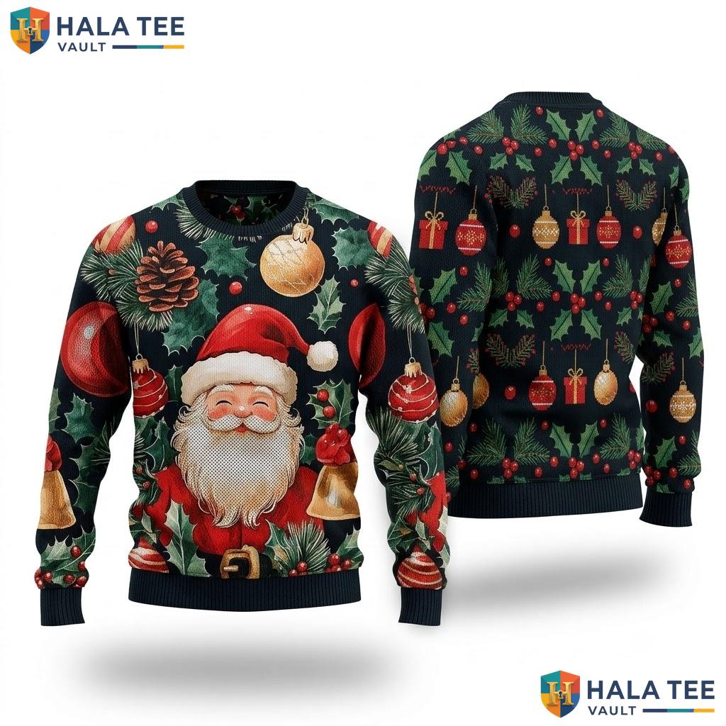 Santa Claus Green Festive Ugly Christmas Sweater Holiday Womens Apparel