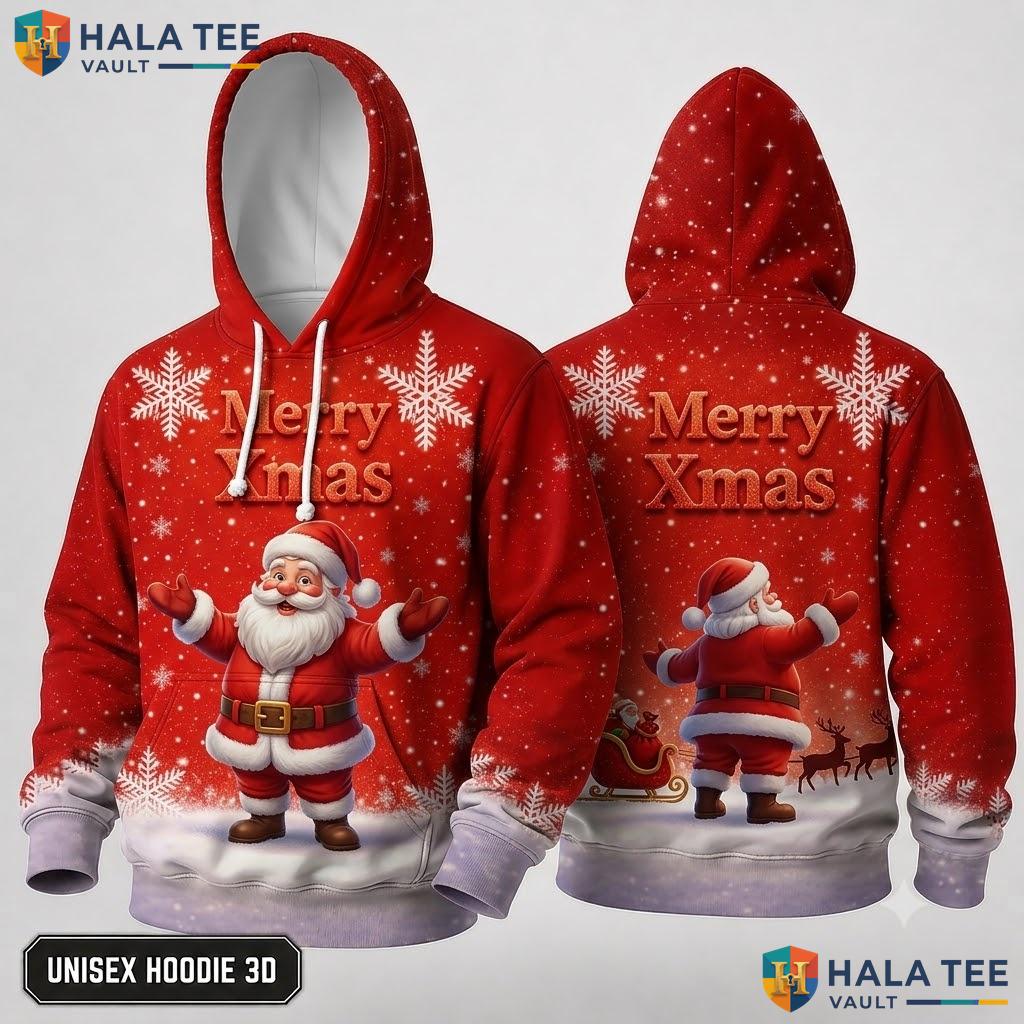 Santa Claus Light Red Merry Christmas 3D Hoodie Playful Long Sleeve