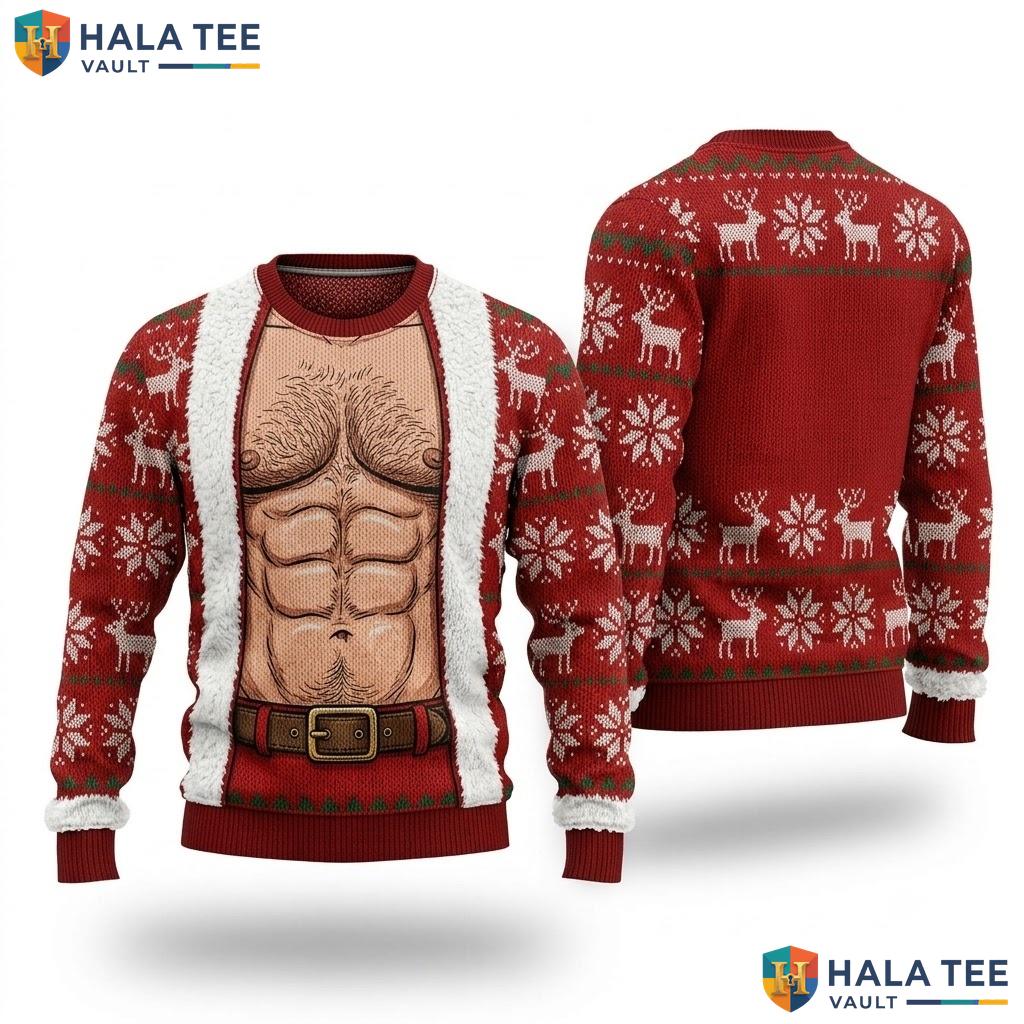 Santa Costume Hairy Chest Christmas Sweater Humorous Festive Mens Top