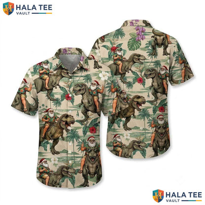 Santa Dino Graphic Farm Life Hawaiian Shirt Mens Aloha Vacation Apparel