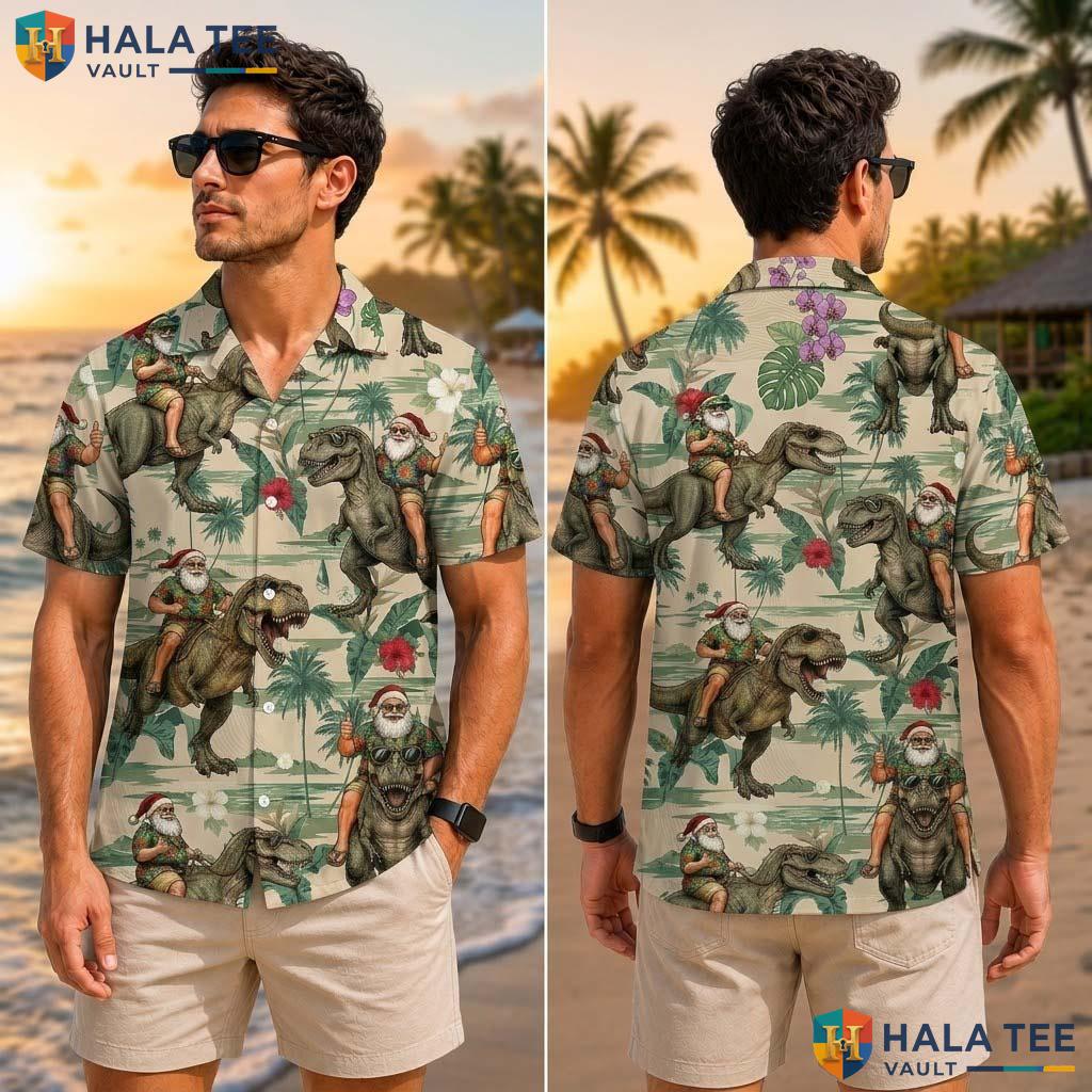 Santa Dino Graphic Farm Life Tropical Shirt Mens Aloha Vacation Apparel