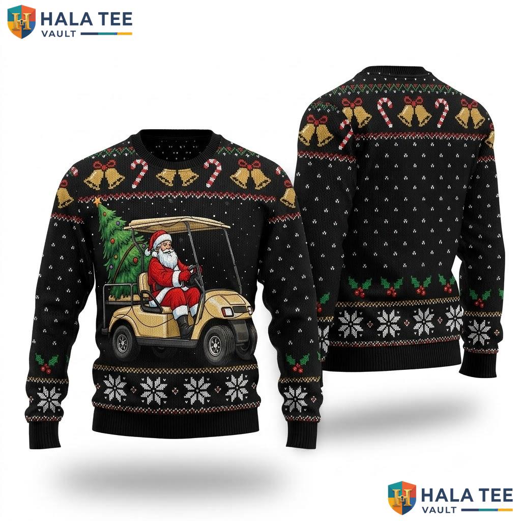 Santa Driving Golf Cart Christmas Sweater Funny Sports Holiday Top