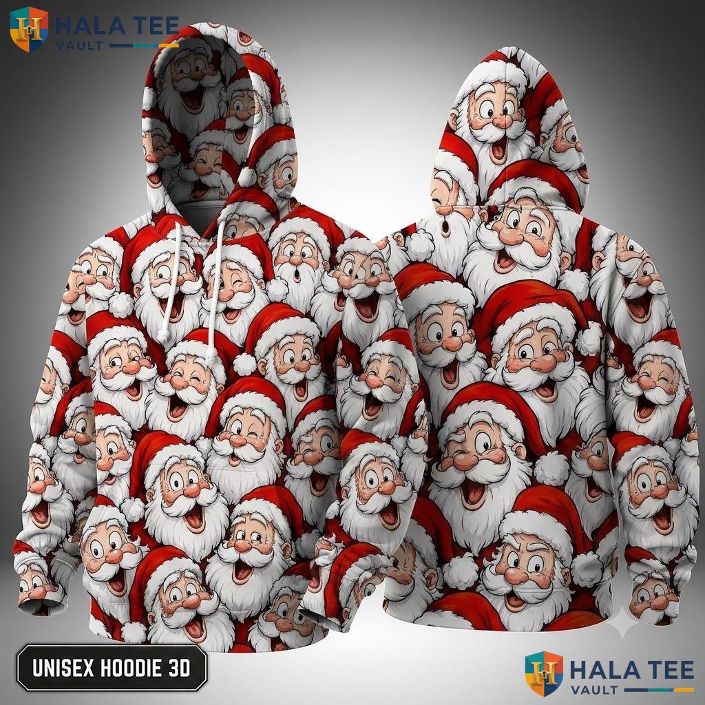 Santa Faces All Over Print Vintage Christmas 3D Hoodie Festive