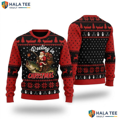 Santa Fishing Funny Ugly Christmas Sweater Festive Xmas Graphic Pullover