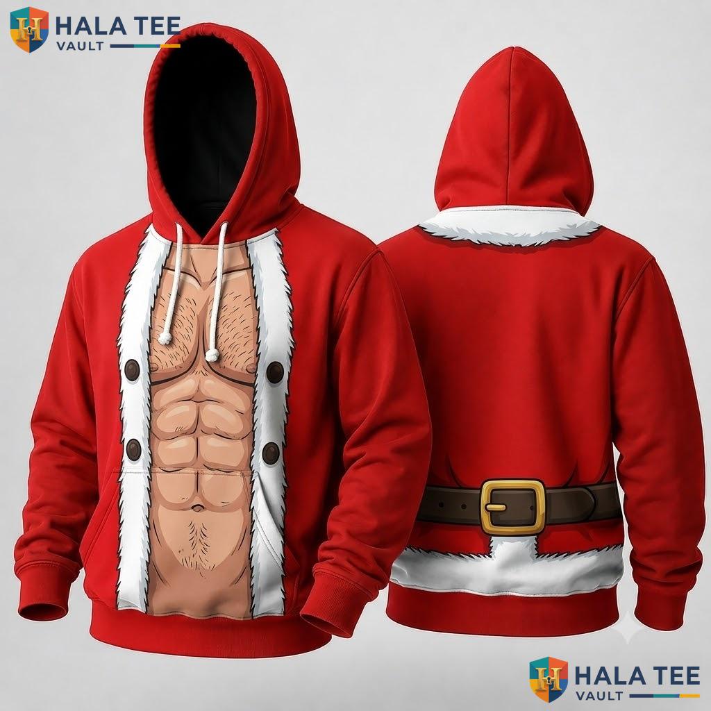 Santa Fitness Muscular Humorous Xmas 3D Hoodie Playful Pullover