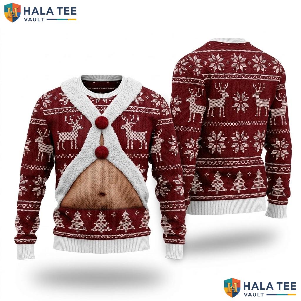 Santa Hairy Red Festive Christmas Sweater Funny Holiday Apparel Mens Top