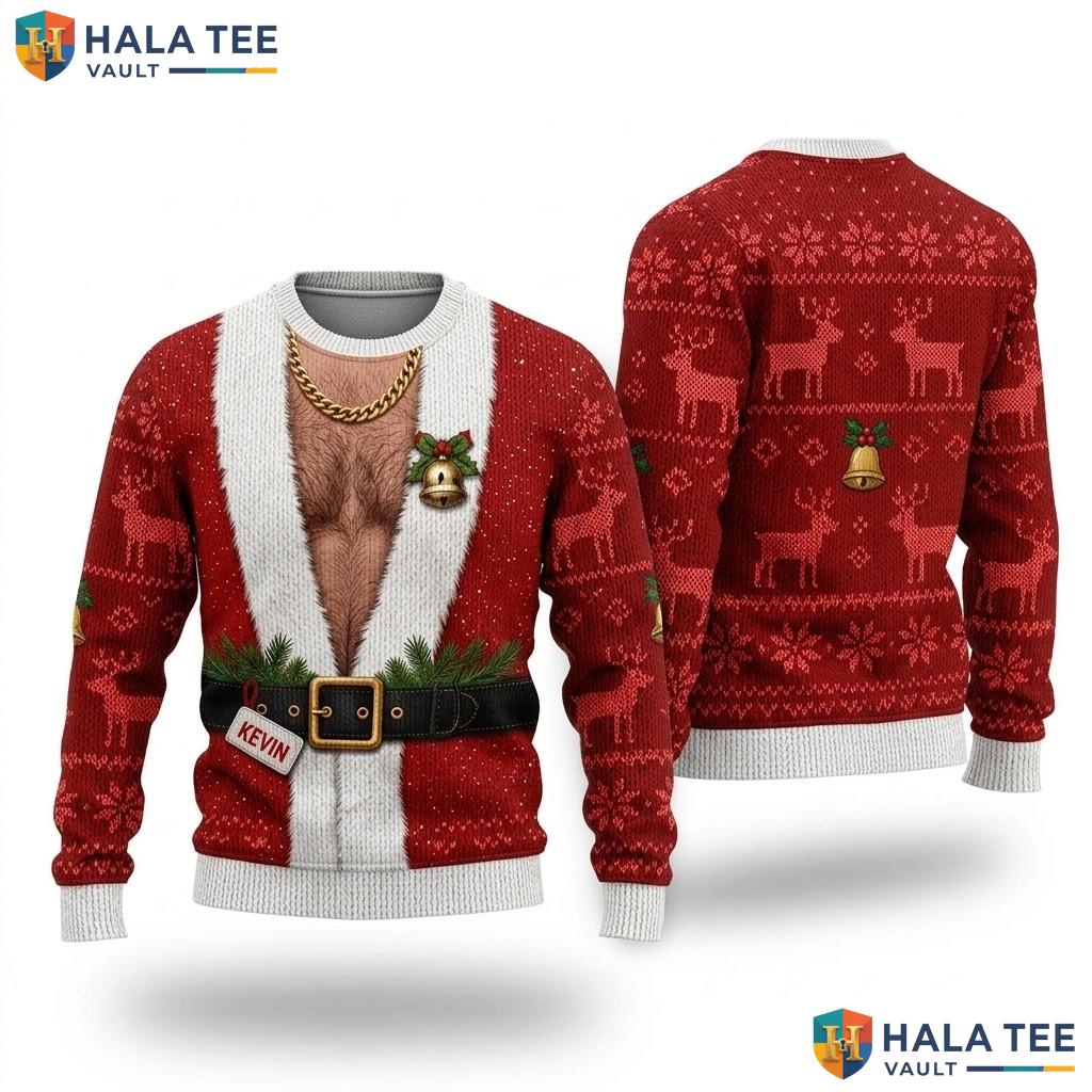 Santa Outfit Hairy Chest Ugly Sweater Funny Humorous Holiday Mens Top
