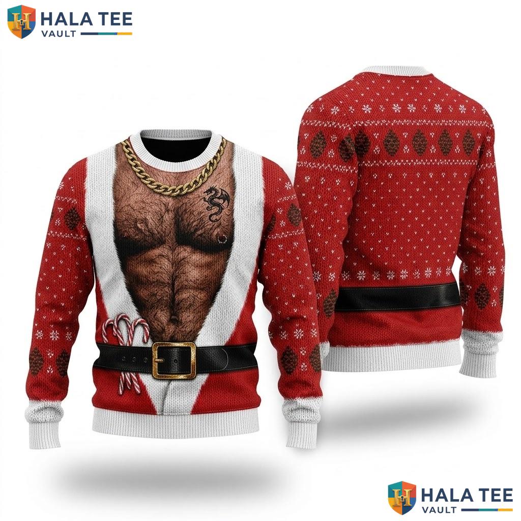 Santa Pink Hairy Chest Ugly Christmas Sweater Funny Holiday Mens Apparel