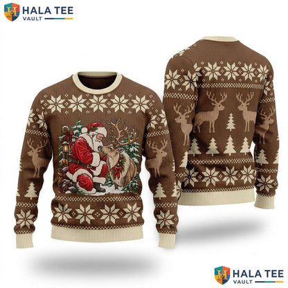 Santa Reindeer Ugly Christmas Sweater Vintage Festive Xmas Holiday Knit