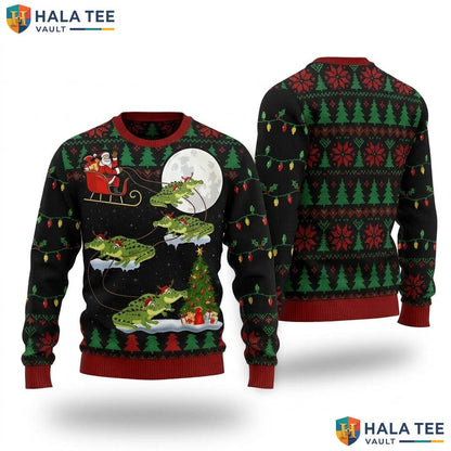 Santa Riding Alligator Christmas Sweater Funny Xmas Lights Holiday
