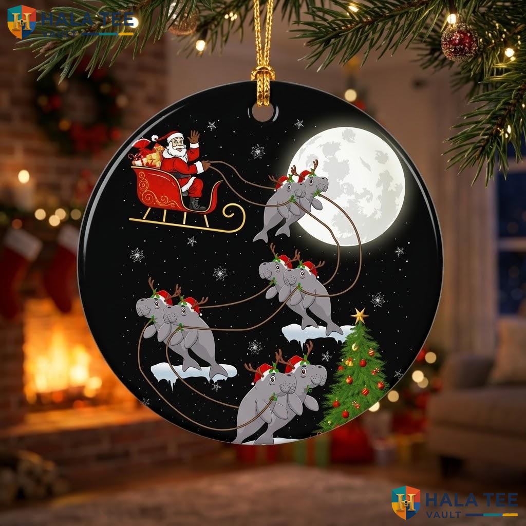 Santa Riding Manatee Christmas Ornament Graphic Lights Holiday Decor