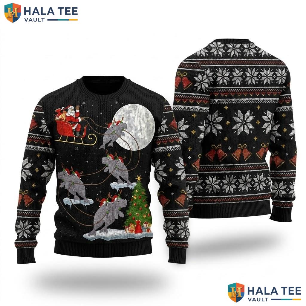 Santa Riding Manatee Christmas Sweater Funny Xmas Lights Holiday Top