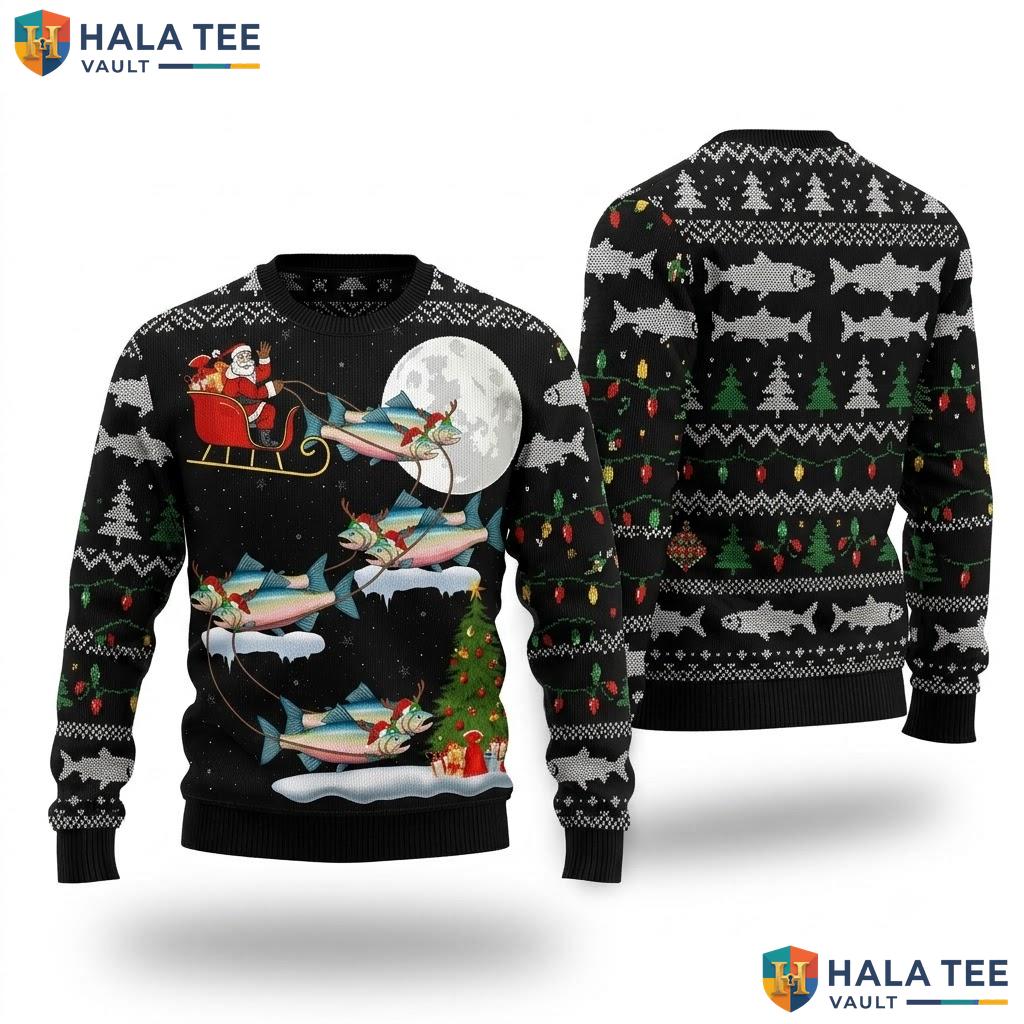 Santa Riding Salmon Fish Christmas Sweater Funny Xmas Lights Apparel