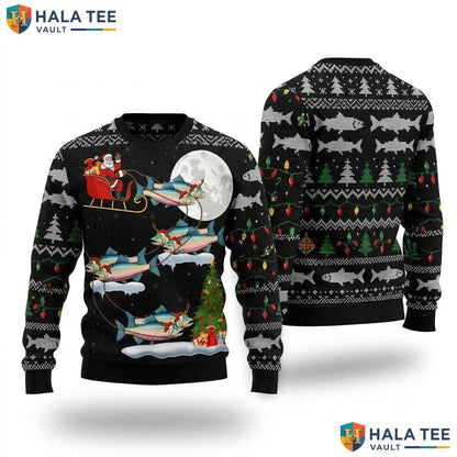 Santa Riding Salmon Fish Christmas Sweater Funny Xmas Lights Apparel