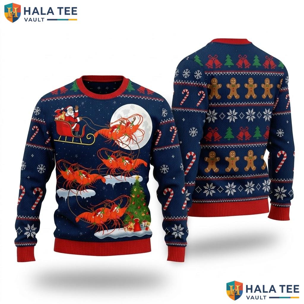 Santa Riding Shrimp Christmas Sweater Funny Xmas Lights Holiday Top