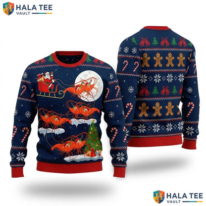 Santa Riding Shrimp Christmas Sweater Funny Xmas Lights Holiday Top