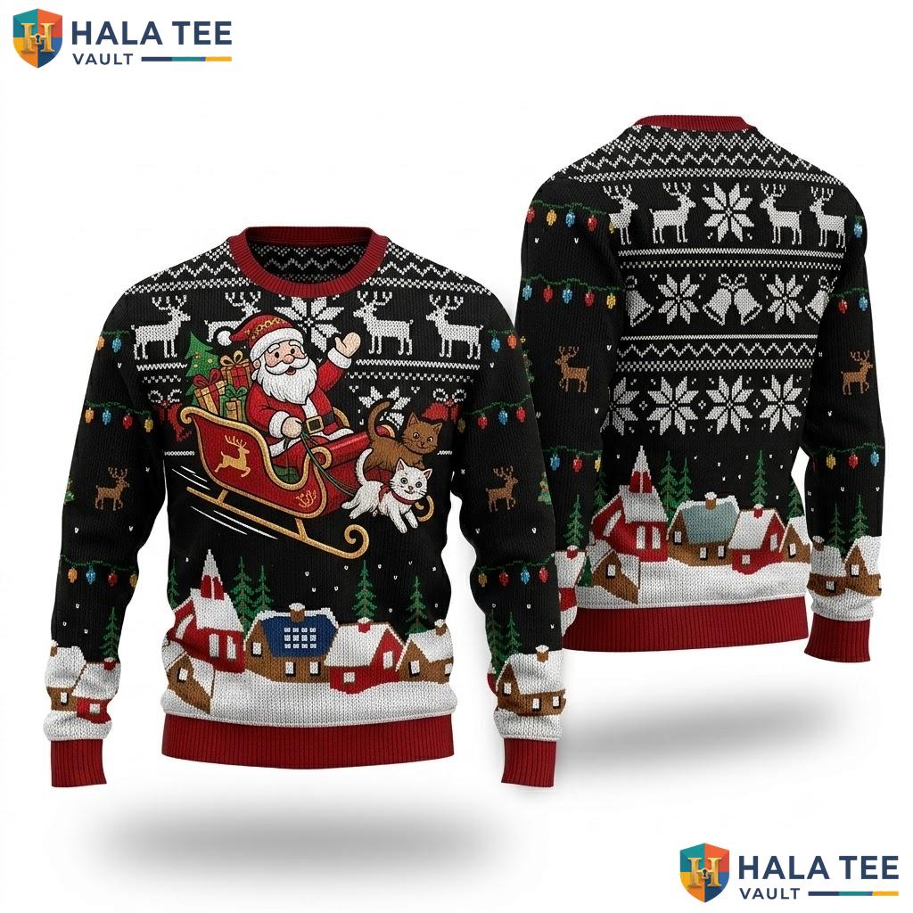 Santa Sleigh Meowy Cat Ugly Christmas Sweater Vintage Xmas Graphic Top