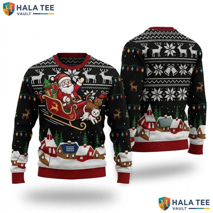 Santa Sleigh Meowy Cat Ugly Christmas Sweater Vintage Xmas Graphic Top