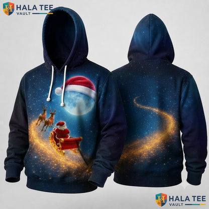 Santa Sleigh Reindeer Moon Xmas 3D Hoodie Magical Vibrant Festive