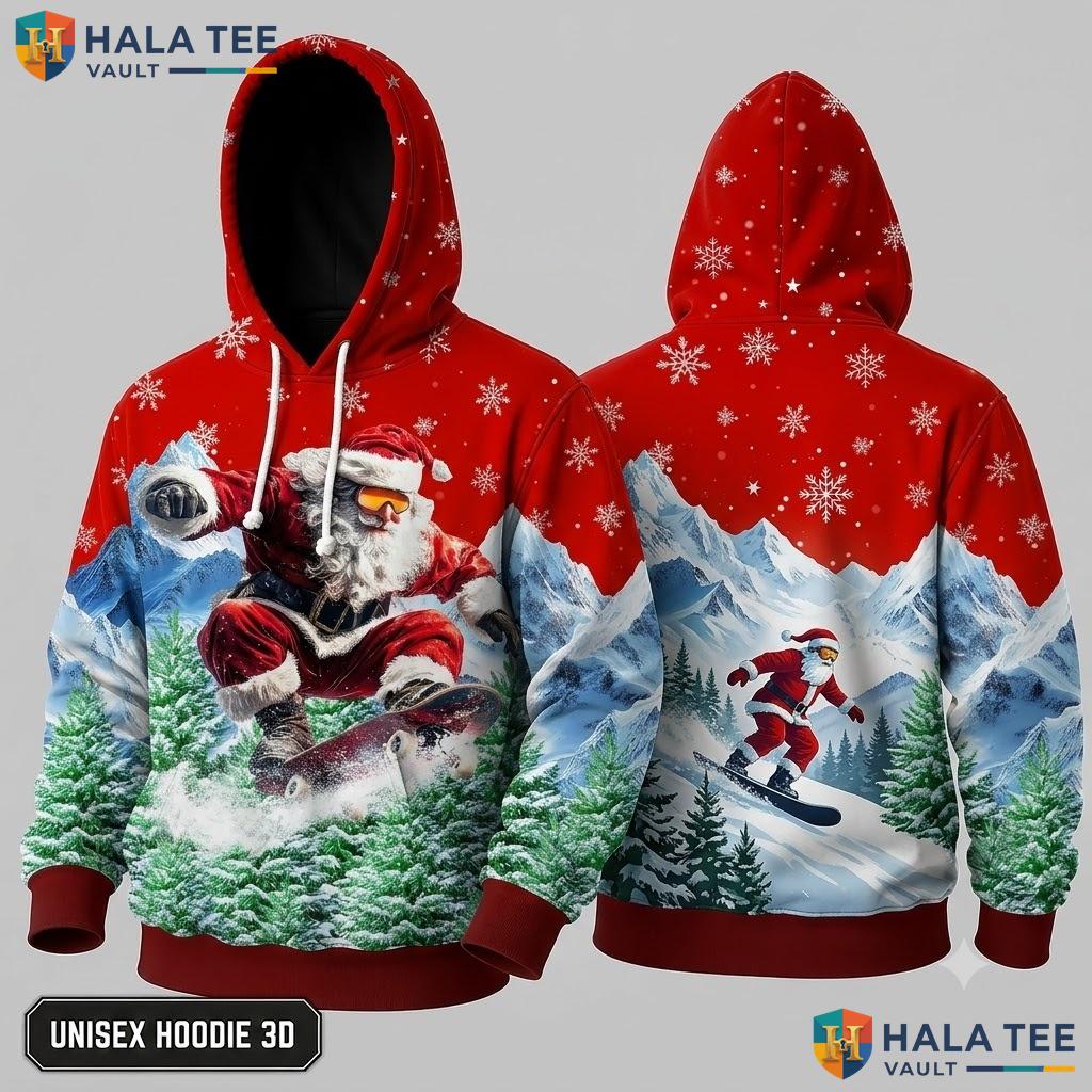 Santa Snowboarding Winter Playful Christmas 3D Hoodie Funny Top