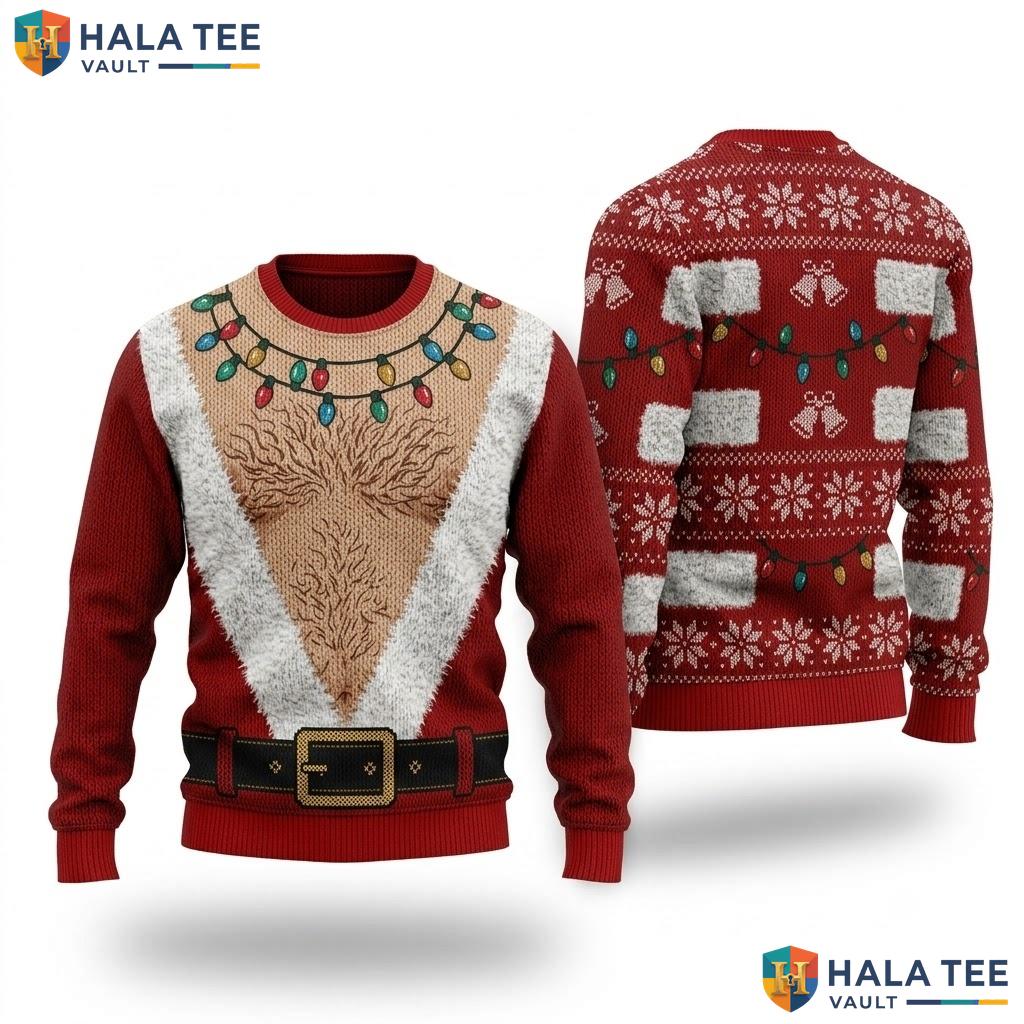 Santa Suit Hairy Chest Ugly Christmas Sweater Funny Holiday Mens Apparel