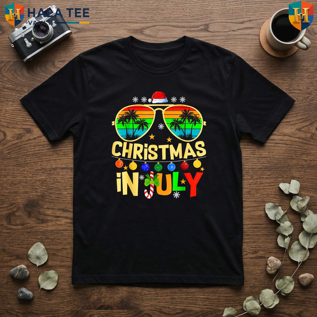 Santa Sunglasses Beach July T-Shirt Summer Christmas Holiday Party Graphic Top