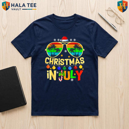 Santa Sunglasses Beach July TShirt Summer Christmas Holiday Party Graphic Top
