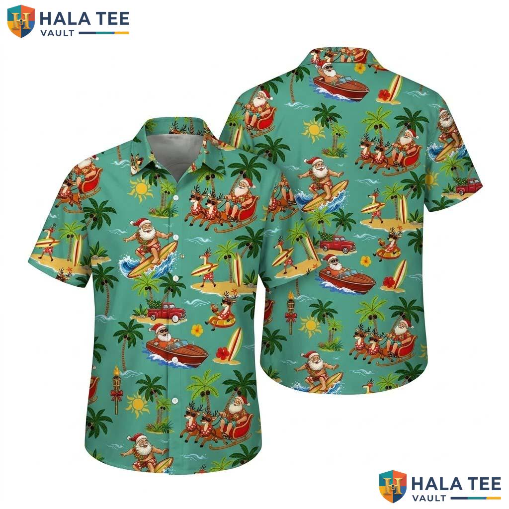 Santa Surf Graphic Farm Life Hawaiian Shirt Mens Aloha Summer Apparel