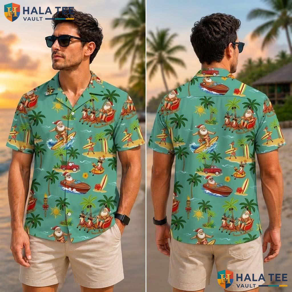 Santa Surf Graphic Farm Life Tropical Shirt Mens Aloha Summer Apparel