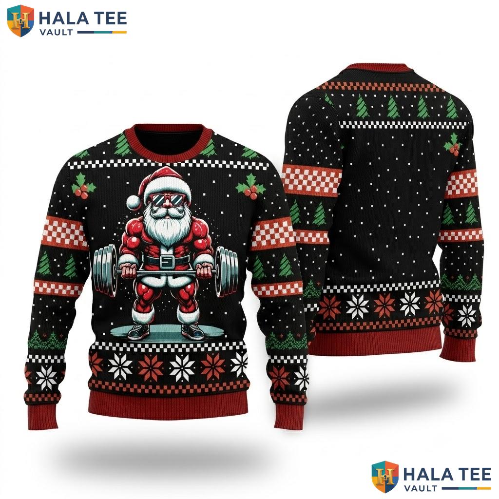 Santa Weightlifting Gym Ugly Christmas Sweater Funny Fitness Top
