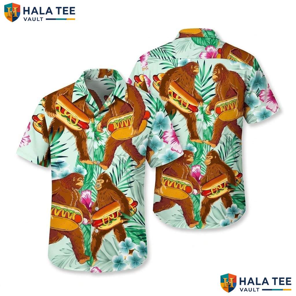 Sasquatch Hotdog Hawaiian Shirt Mens Funny Bigfoot BBQ Party Apparel