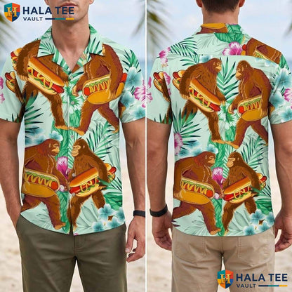 Sasquatch Hotdog Tropical Shirt Mens Funny Bigfoot BBQ Party Apparel