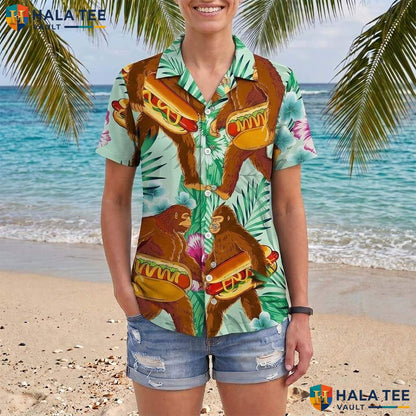 Sasquatch Hotdog Aloha Shirt Mens Funny Bigfoot BBQ Party Apparel